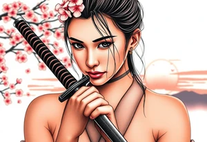 Beautiful female samurai holding a sword . Zoomed up on her face. Cherry blossoms and sunset in the background. tattoo idea