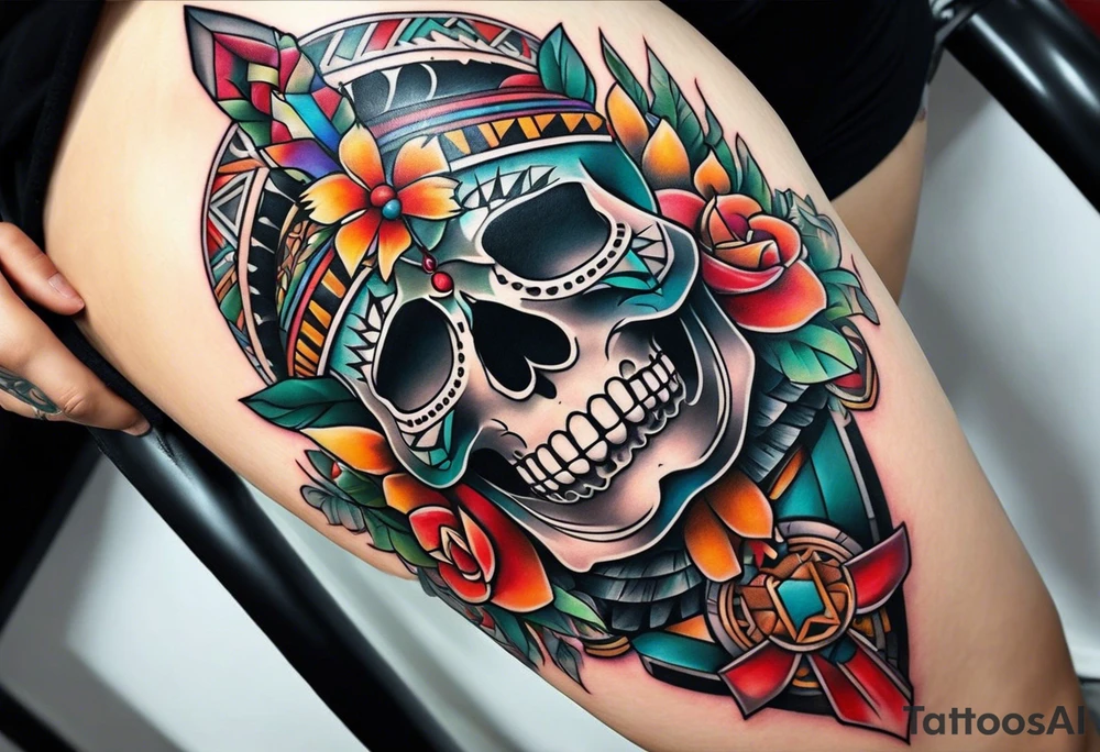 Knee tattoo with skulls and mayan symbols tattoo idea