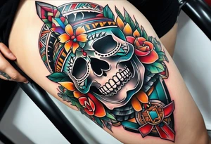 Knee tattoo with skulls and mayan symbols tattoo idea