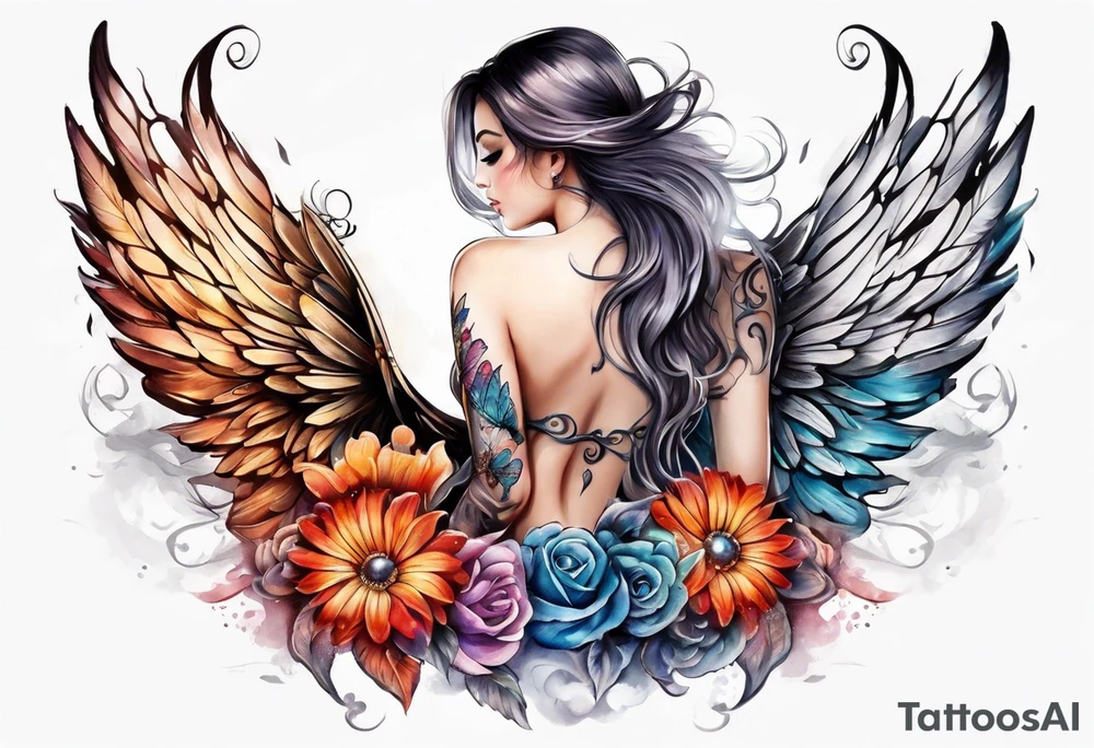 Leg sleeve Angel wing and butterfly tattoo idea