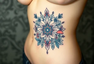 psychedelic  tattoo with crystals and  mandala style flowers and mushrooms bugs tattoo idea
