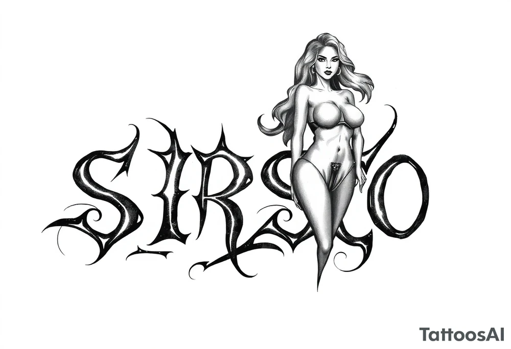 Abstract Tribal font saying “SIRISO” with all letters close together and the S in SIRISO connected to the O and a silloute of a sexy Latina woman on top of the words tattoo idea