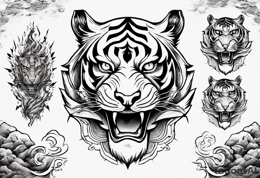 Ancient tiger with lightning and a sun for a forearm sleeve. With patterns surrounding it tattoo idea