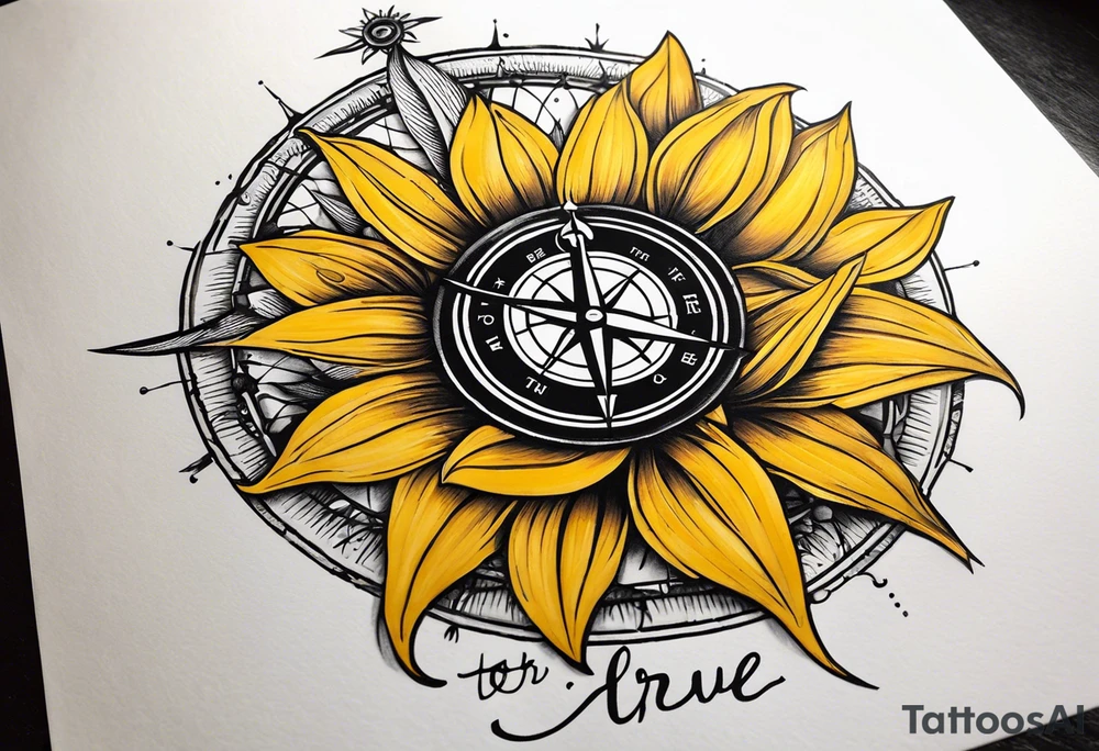 Sunflower and a compass, with the words "To Thine Own Self Be True" tattoo idea