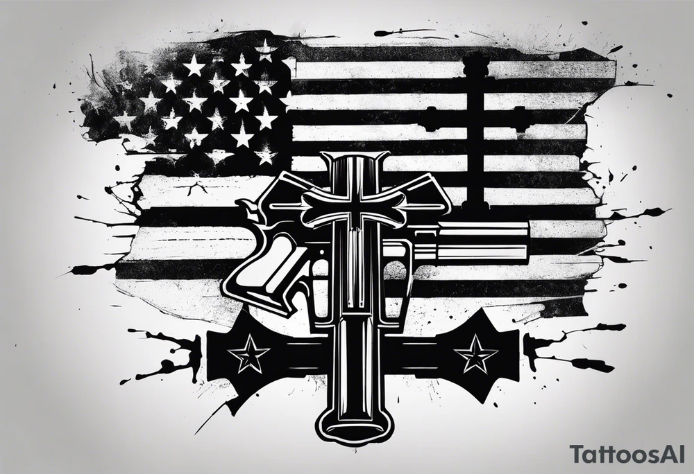 Distressed American flag behind a cross with 2 guns leaned on it simpler tattoo idea