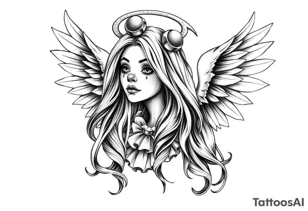 Payasa Clown Girl long hair Angel Wings tattoo idea