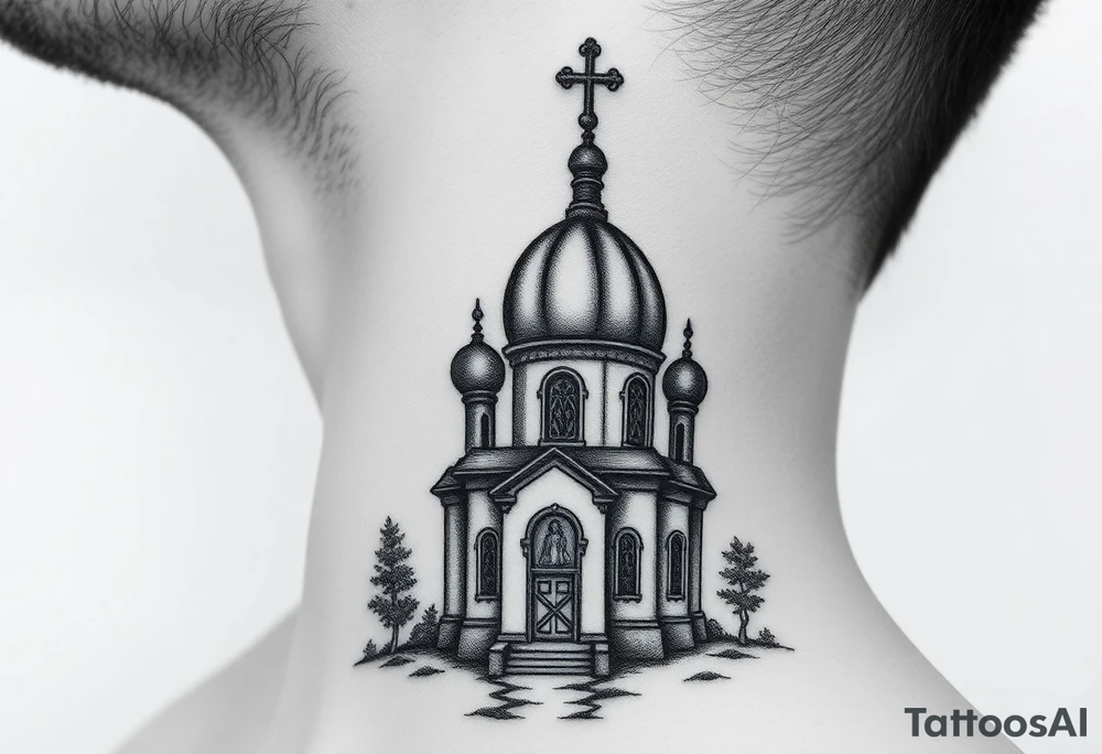 medium sized russian orthodox dome church with a visible virgin mary in a russian lakes country setting tattoo idea