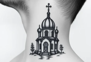 medium sized russian orthodox dome church with a visible virgin mary in a russian lakes country setting tattoo idea