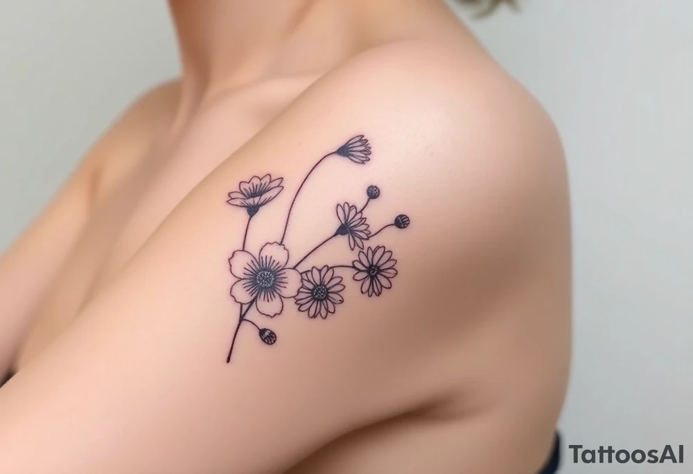 wrist tattoo with cosmos, lily of the valley, and chrysanthemum tattoo idea