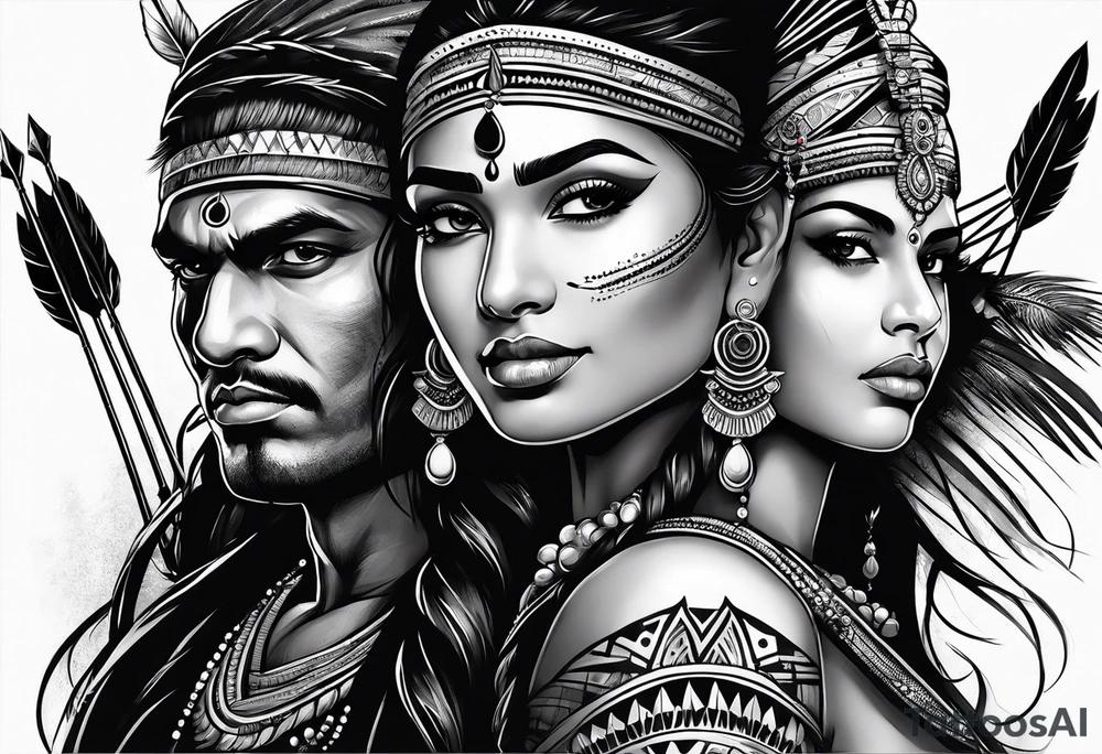 tribal indian couple with bow and arrows tattoo idea