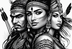 tribal indian couple with bow and arrows tattoo idea