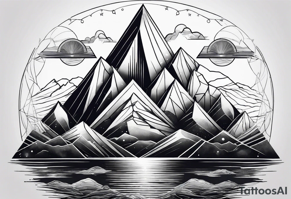 geometric mountain, sea, space tattoo idea