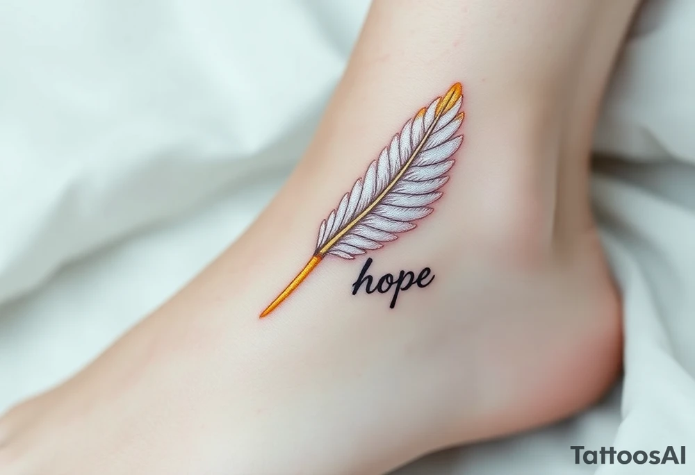An angel’s feather in soft white with golden tips and word "hope" tattoo idea