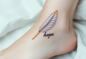 An angel’s feather in soft white with golden tips and word "hope" tattoo idea