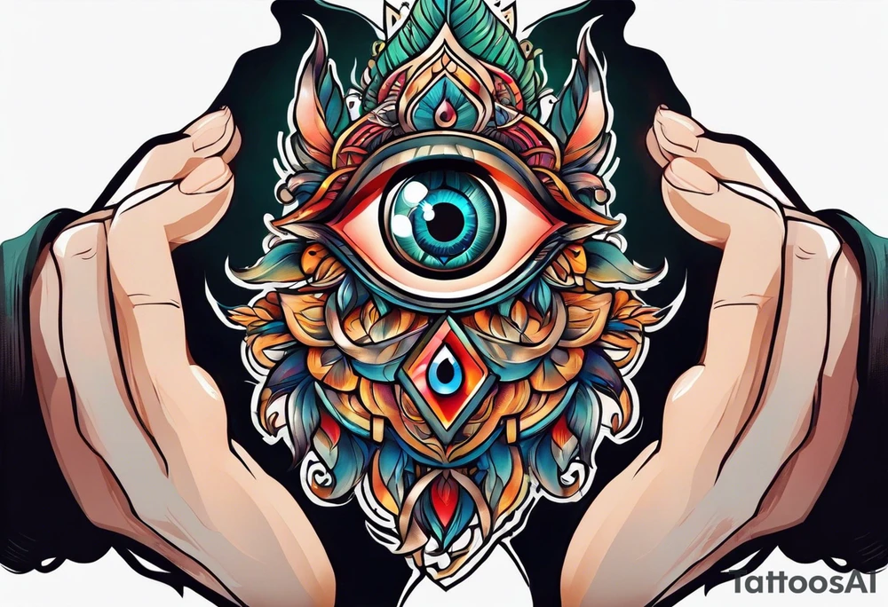 Neo traditional hand with eye in palm tattoo idea