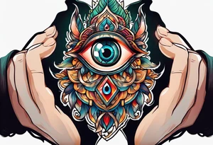 Neo traditional hand with eye in palm tattoo idea