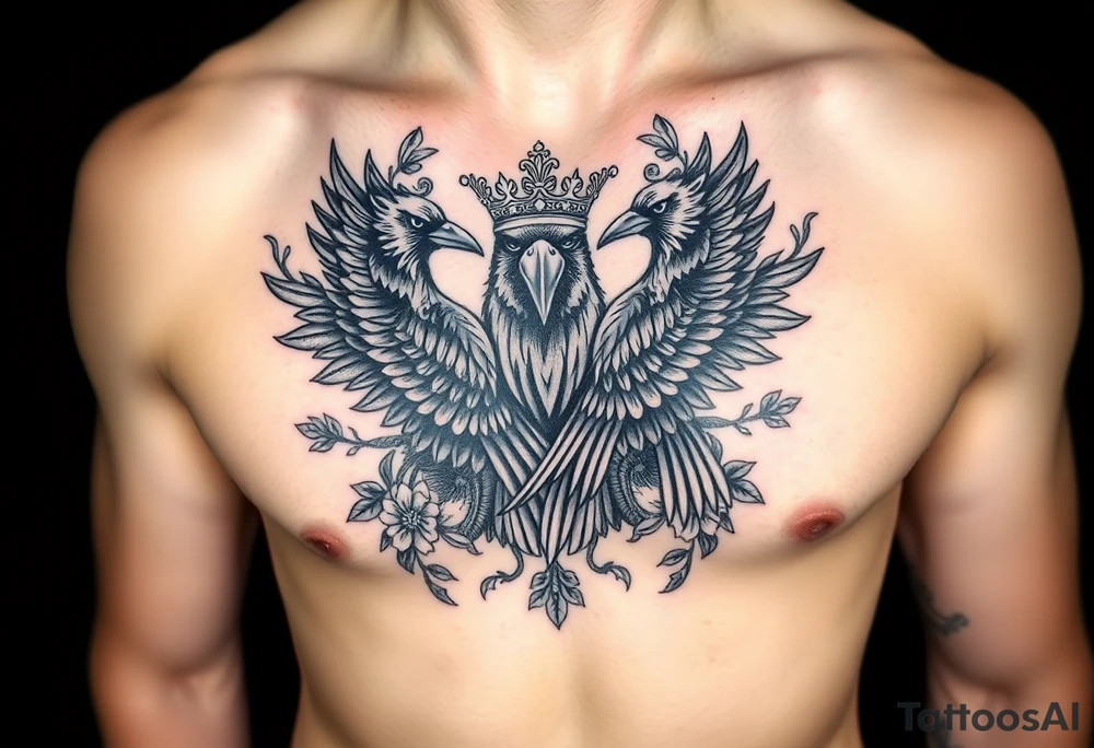 Chest tattoo,powerful majestic ravens with a crown, surrounded by floral ornaments and birds tattoo idea