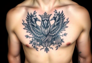 Chest tattoo,powerful majestic ravens with a crown, surrounded by floral ornaments and birds tattoo idea