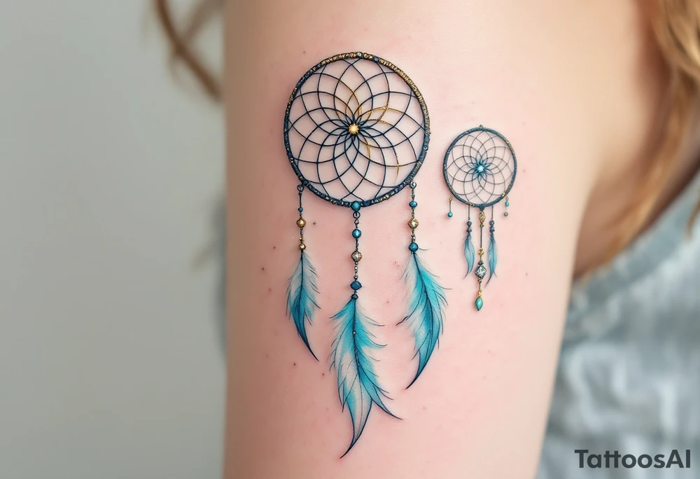 Three delicate dreamcatchers, each woven in a different hue—turquoise, gold, and silver—with small charms representing each person. tattoo idea