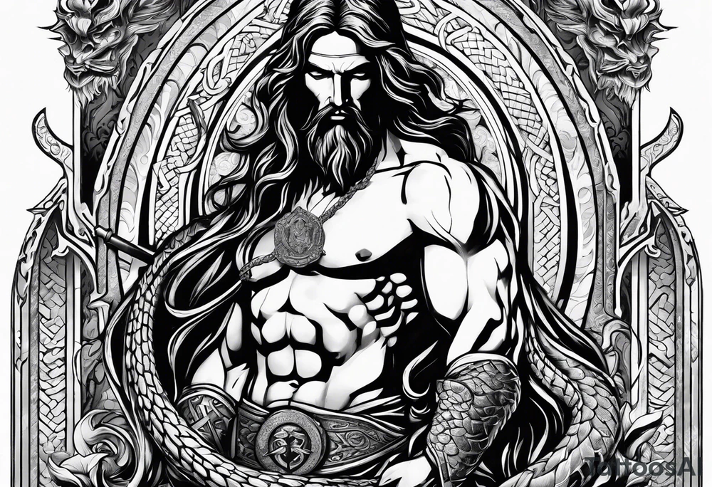 Almighty Jesus used his sword cutting off the serpent head off tattoo idea