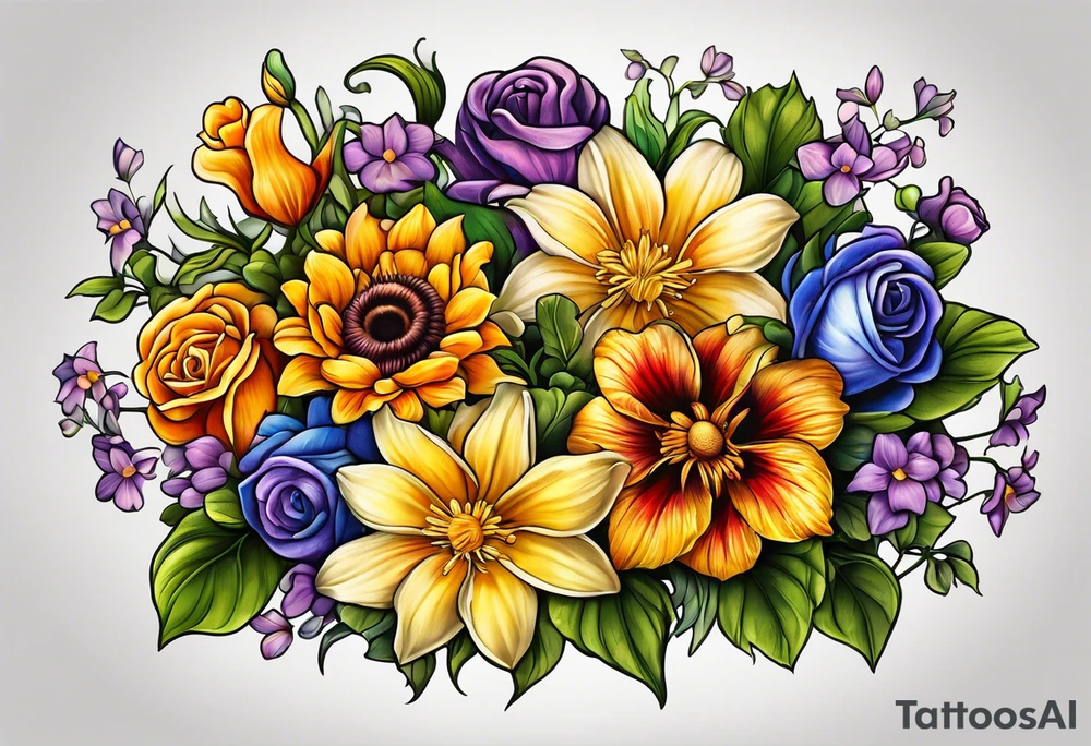 bunch of flowers that include violets, daffodils, daisies, roses, morning glorys, marigolds, chysanthemums tattoo idea
