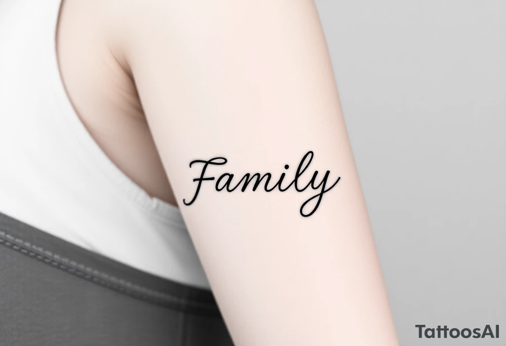 A flowing infinity symbol intertwined with the word "family" written in elegant cursive, symbolizing endless love and connection tattoo idea