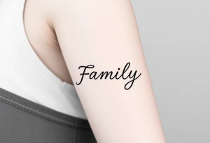 A flowing infinity symbol intertwined with the word "family" written in elegant cursive, symbolizing endless love and connection tattoo idea