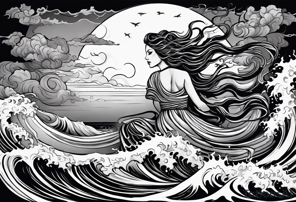 stormy sea waves, a woman in the middle of a storm, Medusa the Gorgon tattoo idea