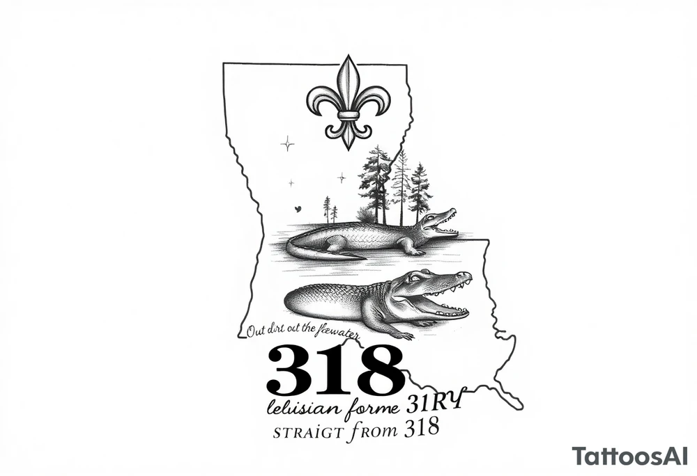 Louisiana state outline with fleur-de-lis, a bayou with a gator and trees , the 318 area code and and quote that says  Out the dirt, out the water, straight from 318 tattoo idea