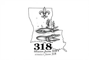 Louisiana state outline with fleur-de-lis, a bayou with a gator and trees , the 318 area code and and quote that says  Out the dirt, out the water, straight from 318 tattoo idea