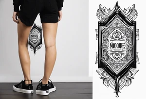 A thigh tattoo of the name Moore and also says from the past we rise to our future tattoo idea