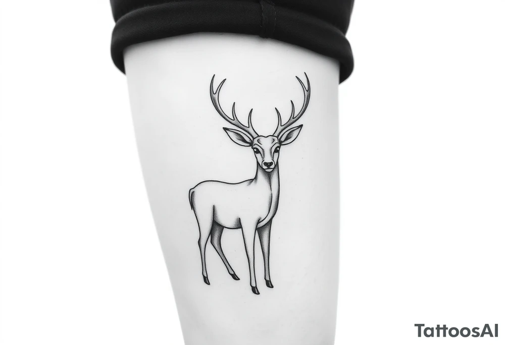Can you make me a mock up tattoo of a deer on a human shin, I want the tattoo to capture the innocence, attentiveness, and the beauty of the deer. Keep it simple and minimalist and have the antlers wrapping around from the shin to the sides of the calf tattoo idea