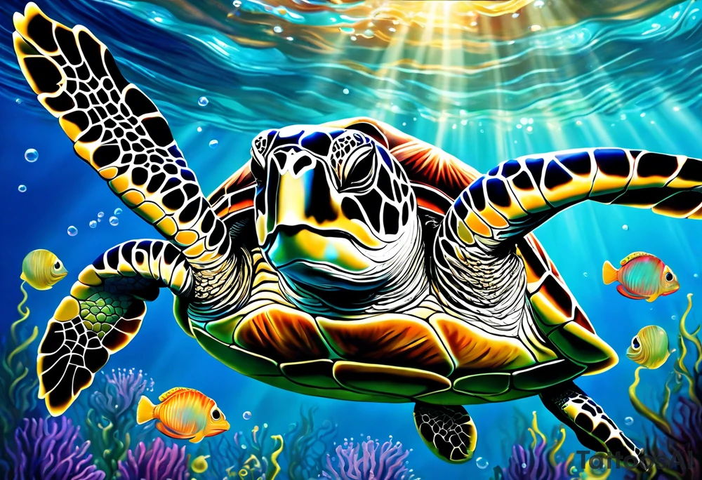 large sea turtle with its head on the right side of the image pieces of corral around it and bubbles, exclude a blue background and add a colorful jellyfish with long flowing tentacles next to the sea turtle tattoo idea