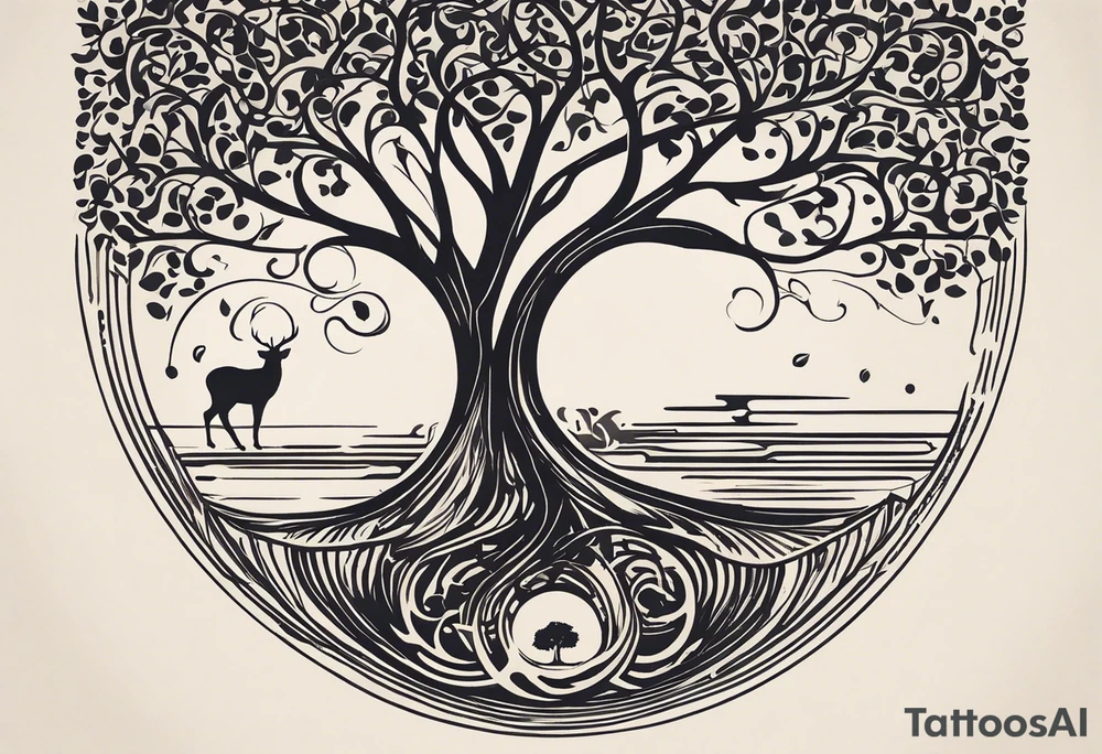 A tattoo design that incorporates the following elements: an abstract tree of life that has roots emerging  from the ground. Waves of water encapsulate the tree and wind around it in an organic way.  Incorporate music.   the letters U and A are overlapping and engraved into the tree. a golf ball incorporated but not prominent. tattoo idea