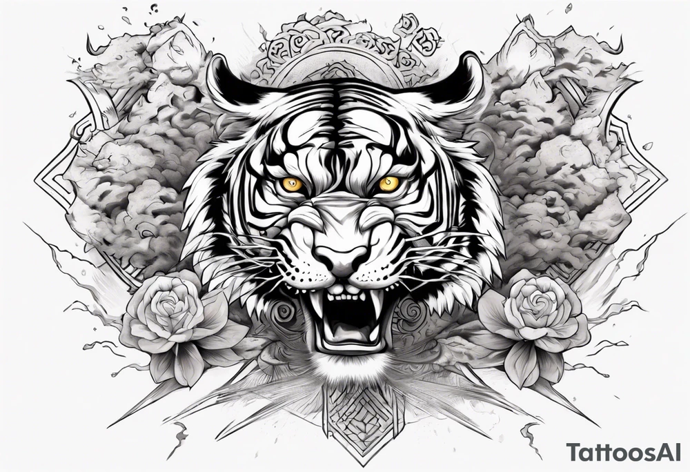Ancient tiger with lightning and a sun for a forearm sleeve. With patterns surrounding it tattoo idea