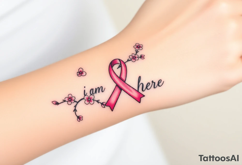 I am here pink ribbon cherry blossom tattoo idea