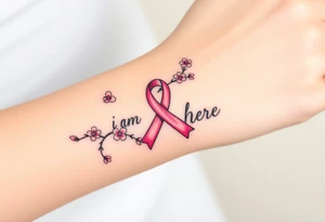 I am here pink ribbon cherry blossom tattoo idea