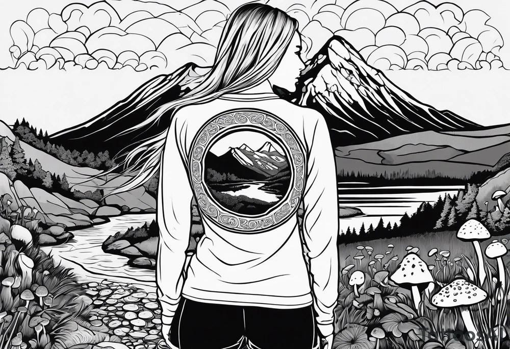 Whole picture encircled fully

Straight long blonde hair hippie girl in distance holding mushrooms in hand facing away toward mountains and creek surrounded by mushrooms long sleeve shirt and hiking pants; whole rendering within a full celtic circle border, no cut off circle tattoo idea
