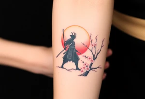 noble samurai warrior silhouette at sunset with cherry blossoms tattoo idea