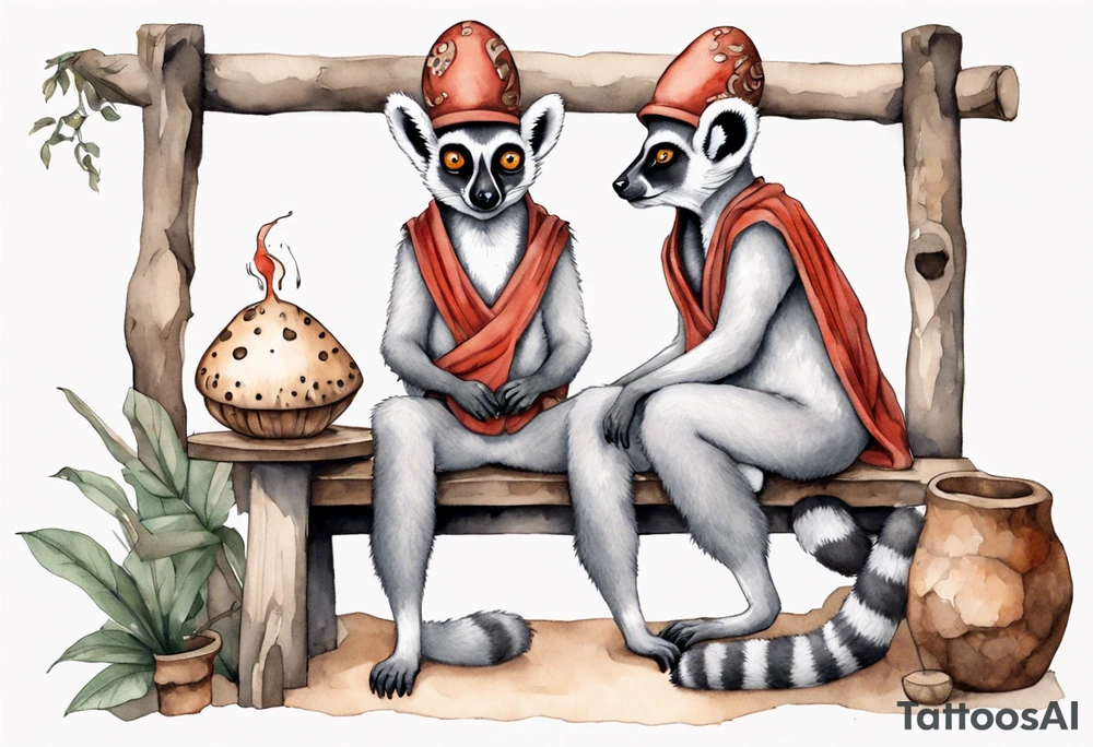 a lemur with a mushroom hat 
wearing a medieval tunic sitting on a bench by a fireplace drinking from a wood cup, happy tattoo idea