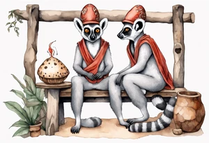 a lemur with a mushroom hat 
wearing a medieval tunic sitting on a bench by a fireplace drinking from a wood cup, happy tattoo idea