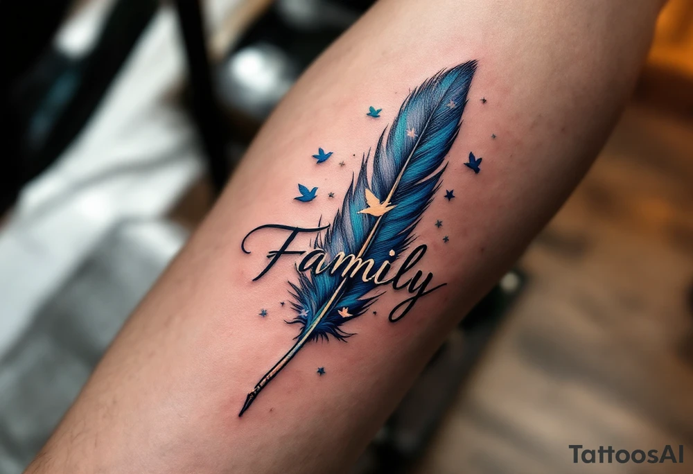 Family in a handwritten-style script, with a blue feather and soft pastel birds flying from it. tattoo idea