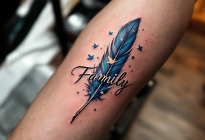 Family in a handwritten-style script, with a blue feather and soft pastel birds flying from it. tattoo idea