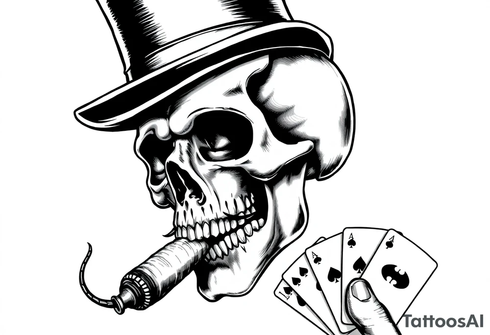 a skull with mustache, a big cigar in his mouth,top-hat on his head and playing cards in a hand. tattoo idea