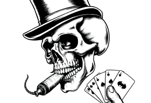 a skull with mustache, a big cigar in his mouth,top-hat on his head and playing cards in a hand. tattoo idea