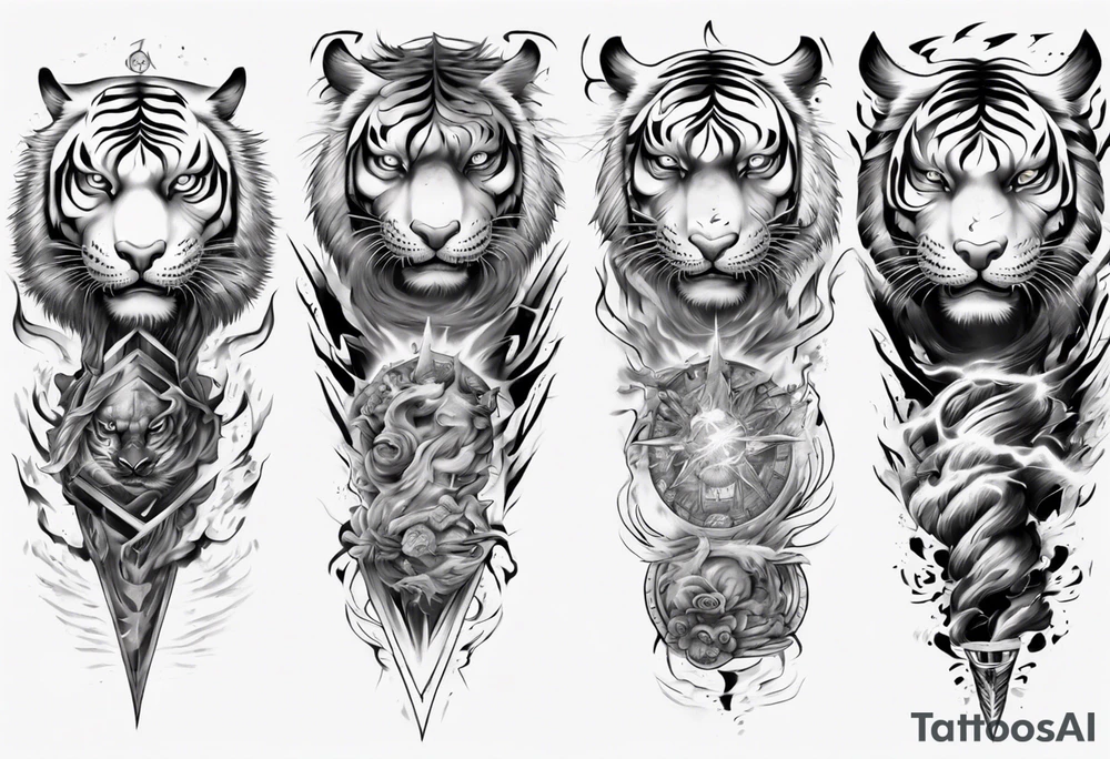 Tiger Warrior sleeve tattoo with lightning and the sun
Forearm sleeve tattoo idea
