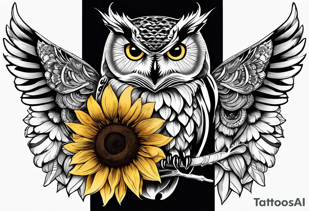 Sleeve with an owl, sunflower and butterfly tattoo idea