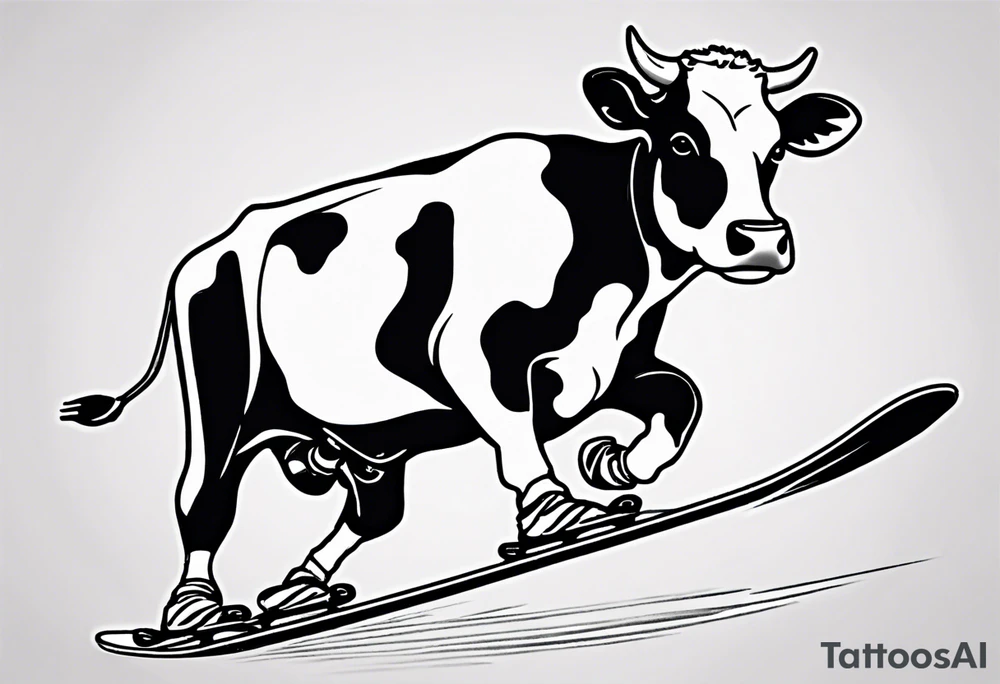 Create a minimalist and dynamic black and white tattoo design featuring a cheerful cow engaged in a snowboarding activity, wearing goggles. Emphasize clean lines and essential details to capture the playful spirit of the scene. The cow should be depicted confidently snowboarding down a snowy slope, with a sense of balance and joy, and wearing stylish goggles. Pay attention to the composition, ensuring that the tattoo design is suitable for a small to medium-sized space. The goal is to convey a lighthearted and whimsical vibe with the addition of the goggles, making the design visually appealing and suitable for tattooing. tattoo idea
