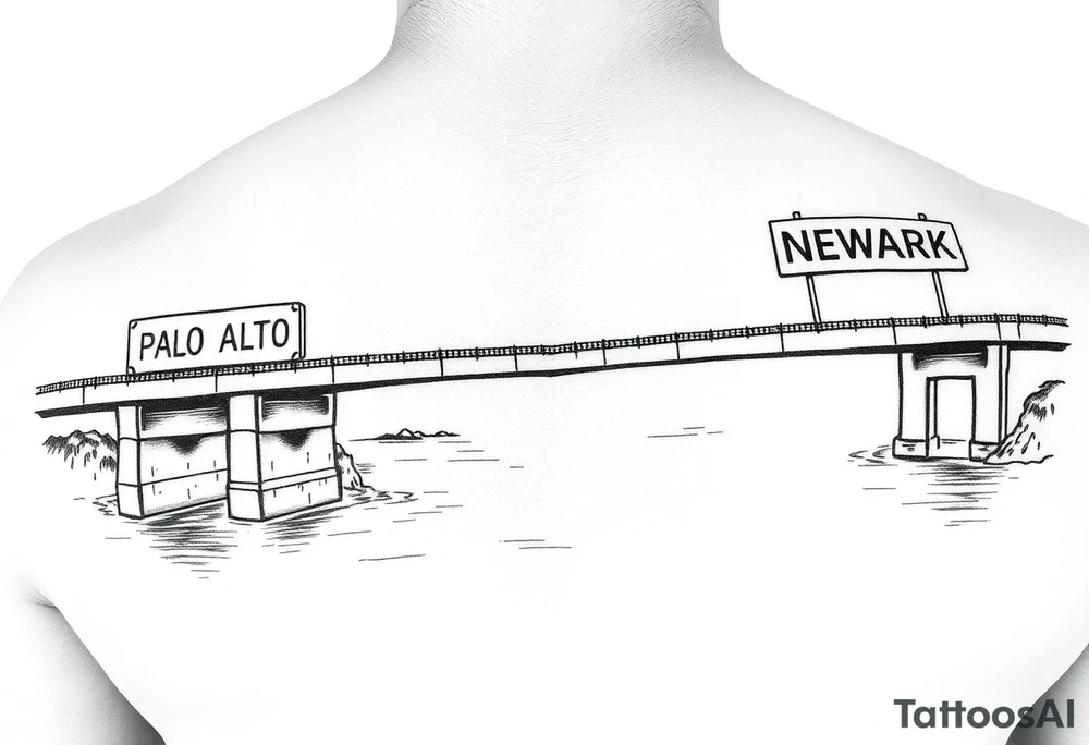A bridge over water with two cities on the side. The city signs on the side of the bridge. East Palo Alto on the left and Newark on the right tattoo idea