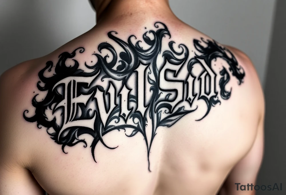 powerful bold cover up saying Evil Side black and with shading and dark smoke around it gangsta writing old english tattoo idea
